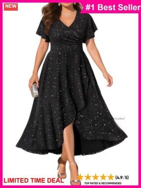 Plus Size High Low Formal Wedding Guest Cocktail Dress Ruffle Sleeve V-Neck